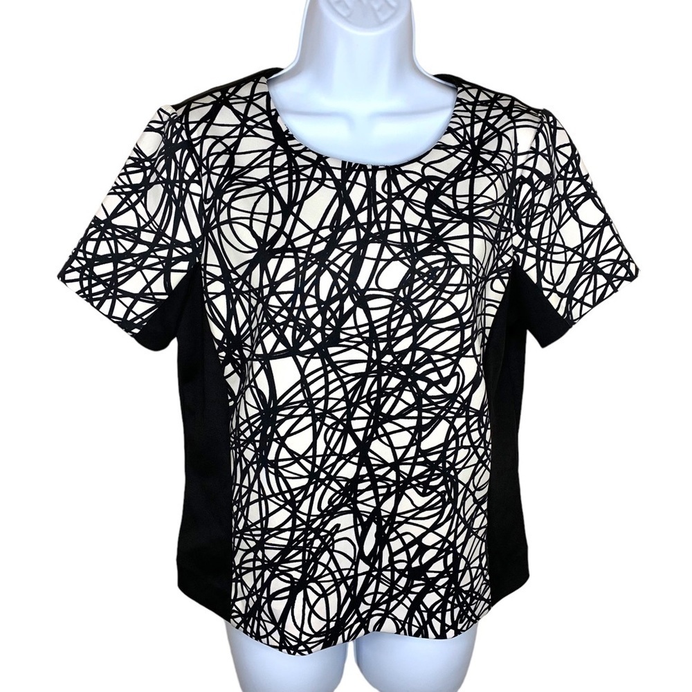 Calvin Klein Black White Stretch Blouse Top Short Sleeve Abstract Small